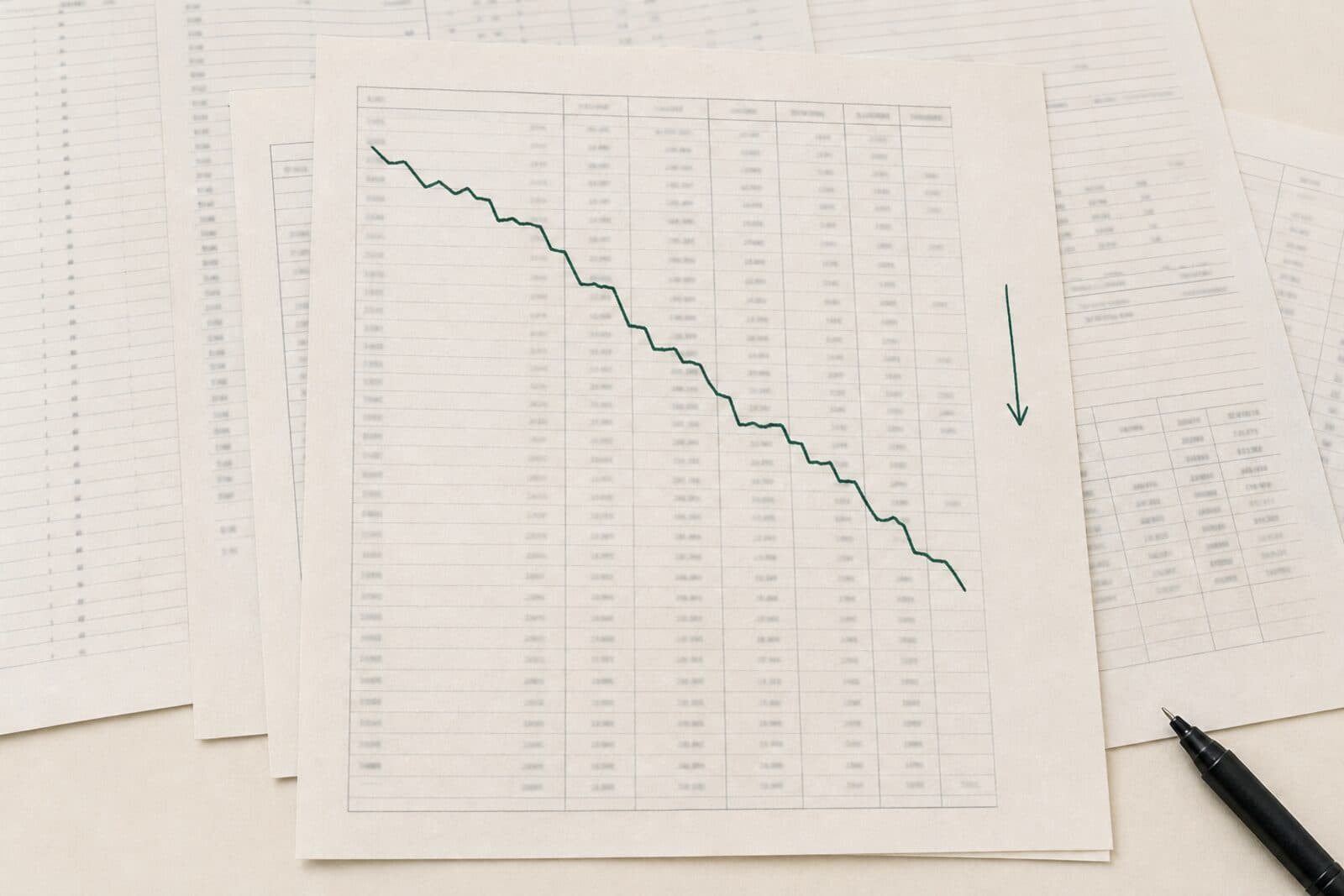 Overlapping accounting working papers on a warm paper desk, one sheet marked with a descending green ink line